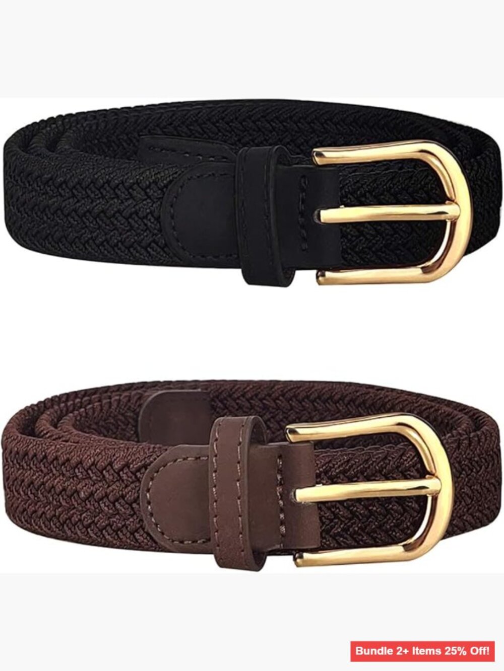 Stretchy Woven Elastic Belt for Women, 2 Pack, No-Hole Design, Gold Buckle